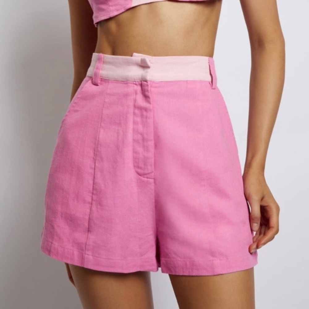 Meshki JADRI High Rise Linen Blend Shorts‎ Size Large Pink Pockets Dressy Casual